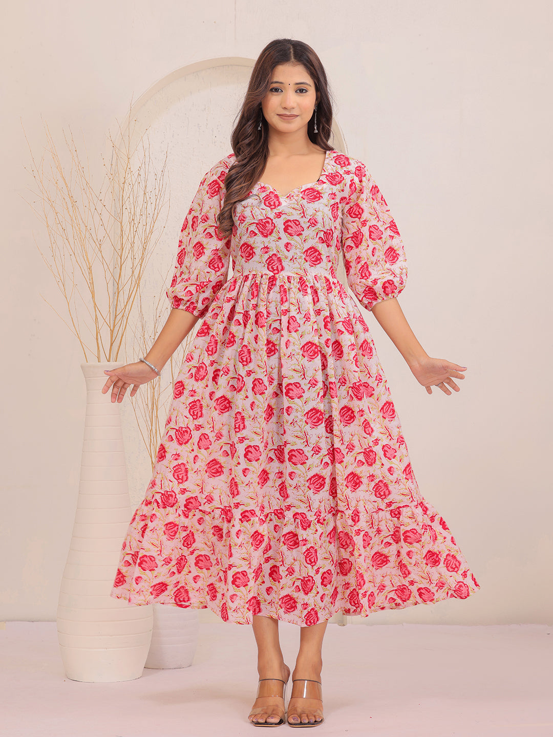 pink dress, floral dress, women dress, stylish dress, one peace dress, puff sleeves dress, stylish dress, one peace dress > Mitrika