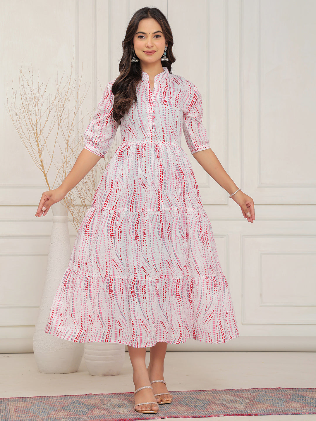 White red printed dress, abstract print midi dress, tiered midi dress, button down summer dress, A-line printed dress, casual printed dress, 3/4 sleeve midi dress, lightweight cotton dress, style midi dress, resort wear dress, flowy printed dress, vacation outfit, ethnic print dress, stylish casual dress for women, breezy summer dress. > Mitrika