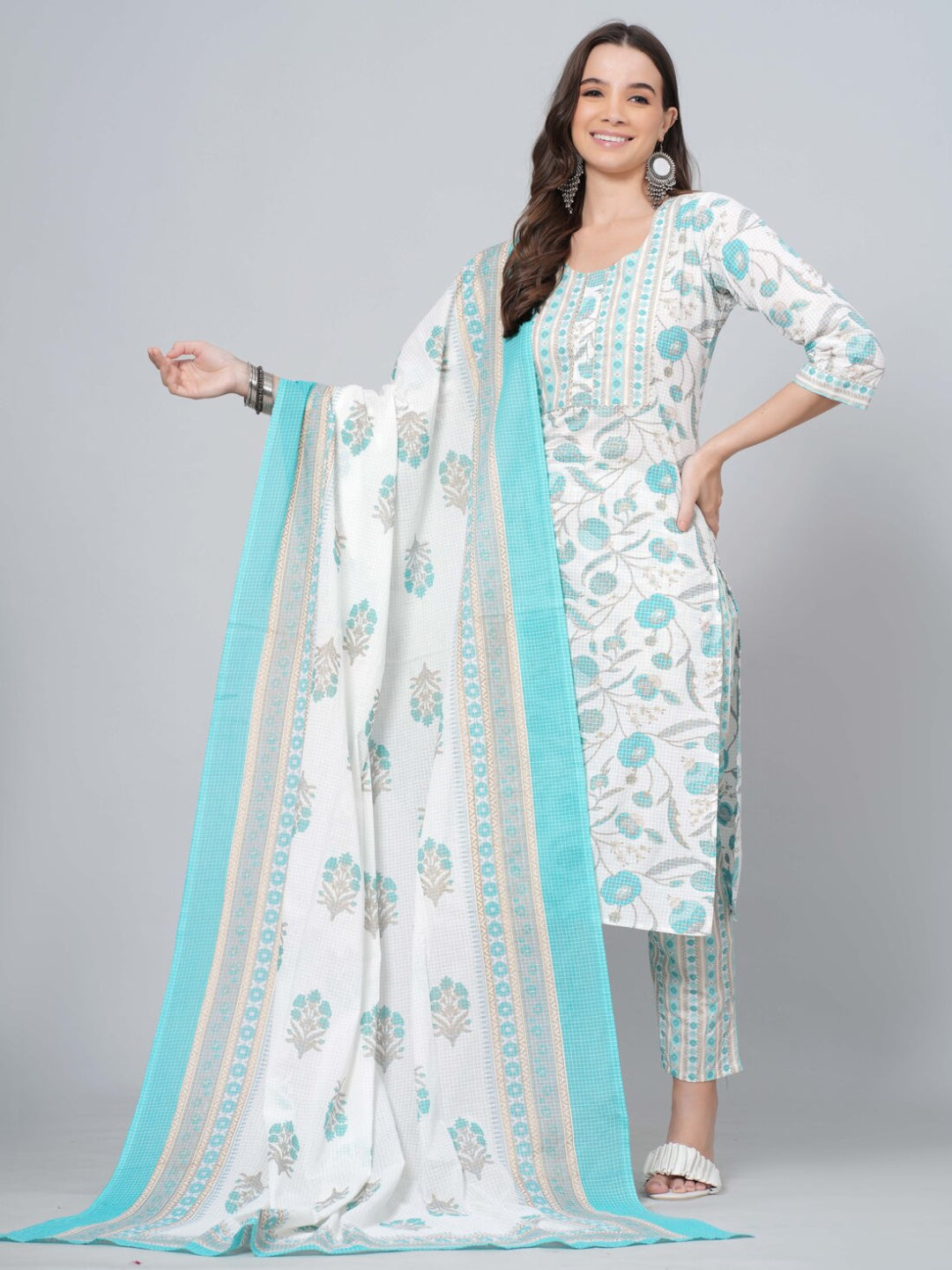 White aqua blue kurta set, floral printed cotton kurta, ethnic kurta with dupatta, elegant cotton suit set, women’s festive kurta set > Mitrika