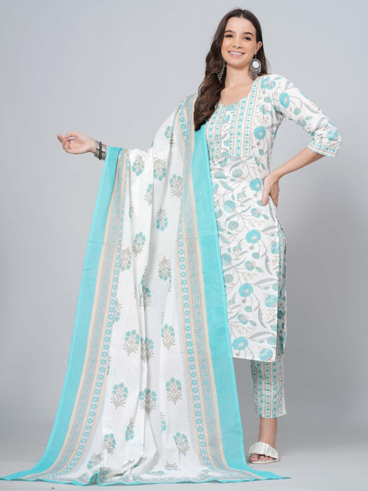 White aqua blue kurta set, floral printed cotton kurta, ethnic kurta with dupatta, elegant cotton suit set, women’s festive kurta set > Mitrika