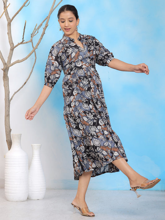 Black floral midi dress, A-line puff sleeve dress, floral printed cotton dress, summer midi dress, casual floral outfit, women's black printed dress. > Mitrika