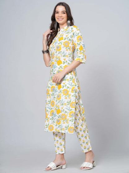 Yellow kurta pant set, floral printed straight kurta, cotton ethnic suit set, women’s casual wear kurta set, festive straight kurta set > Mitrika