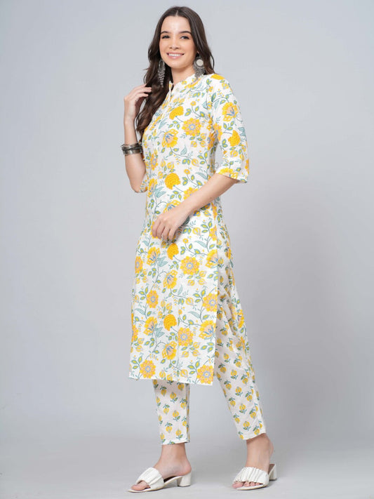 Yellow kurta pant set, floral printed straight kurta, cotton ethnic suit set, women’s casual wear kurta set, festive straight kurta set > Mitrika
