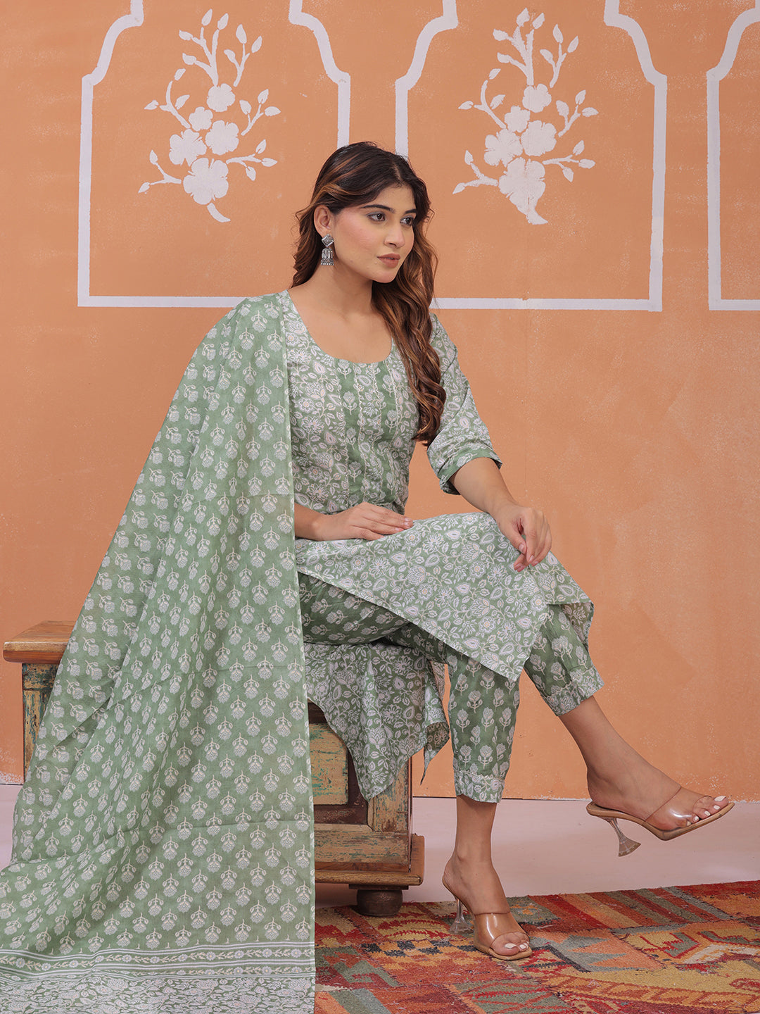 Mitrika green floral printed kurta pant set with dupatta