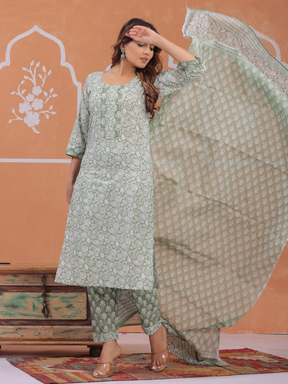 Green Floral kurta set, floral print kurta set, dupatta set , trending kurta set, embroidered kurta set, stylish kurta set, matching pant kurta set > Mitrika