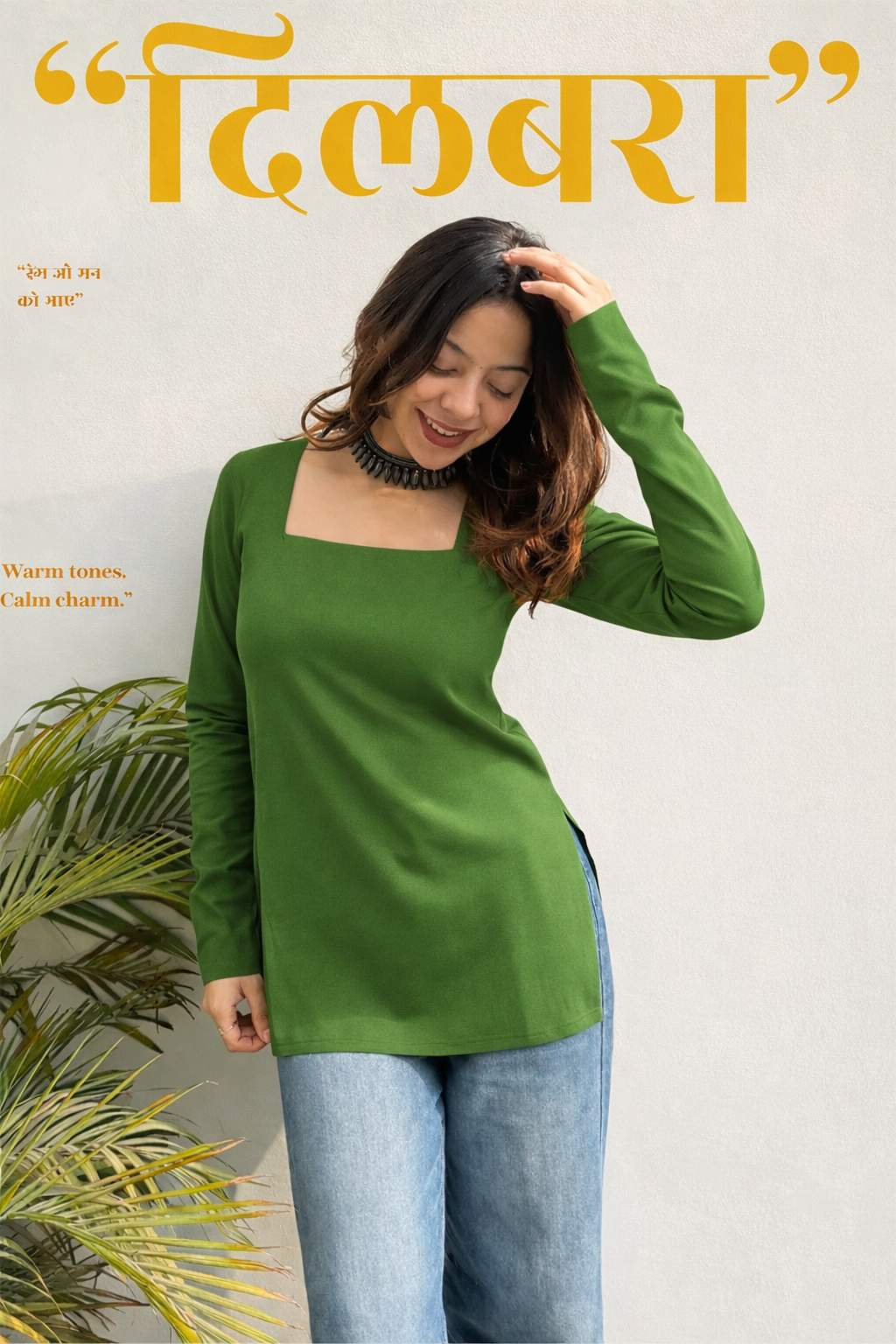 Mitrika solid green cotton short kurti with square neck and full sleeves