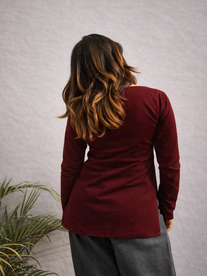 Maroon kurti , square neck kurti , full sleeve kurti , trending short kurti , hip lenght kurti , solid color kurti, kurti for girl and women , daily wear kurti > Mitrika