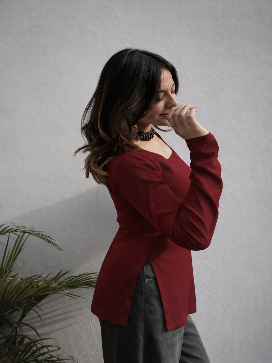 Maroon kurti , square neck kurti , full sleeve kurti , trending short kurti , hip lenght kurti , solid color kurti, kurti for girl and women , daily wear kurti > Mitrika