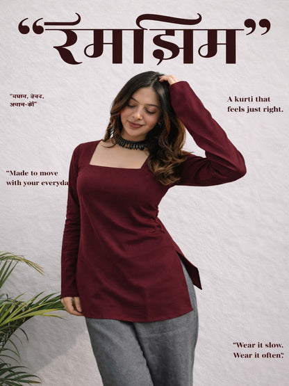 Maroon kurti , square neck kurti , full sleeve kurti , trending short kurti , hip lenght kurti , solid color kurti, kurti for girl and women , daily wear kurti > Mitrika