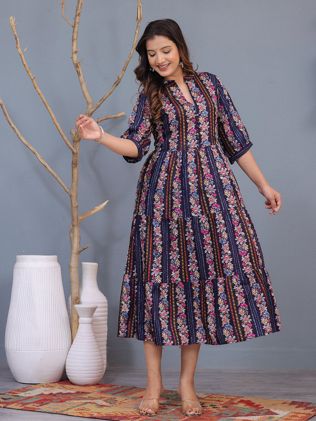 Floral midi dress, navy blue midi dress, ethnic long dress, cotton dress, A-line printed dress, women’s casual dress
