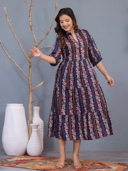 Floral midi dress, navy blue midi dress, ethnic long dress, cotton dress, A-line printed dress, women’s casual dress