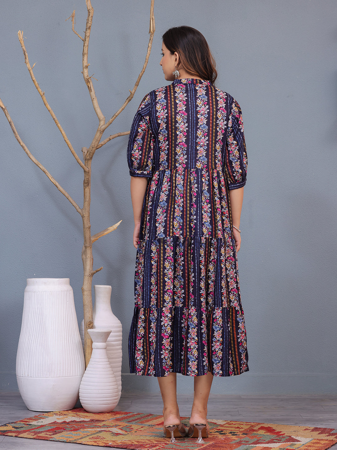 Floral midi dress, navy blue dress, ethnic long dress, cotton dress, A-line printed dress, women’s casual dress