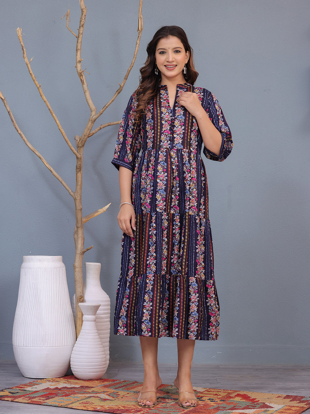 Floral midi dress, navy blue dress, ethnic long dress, cotton dress, A-line printed dress, women’s casual dress