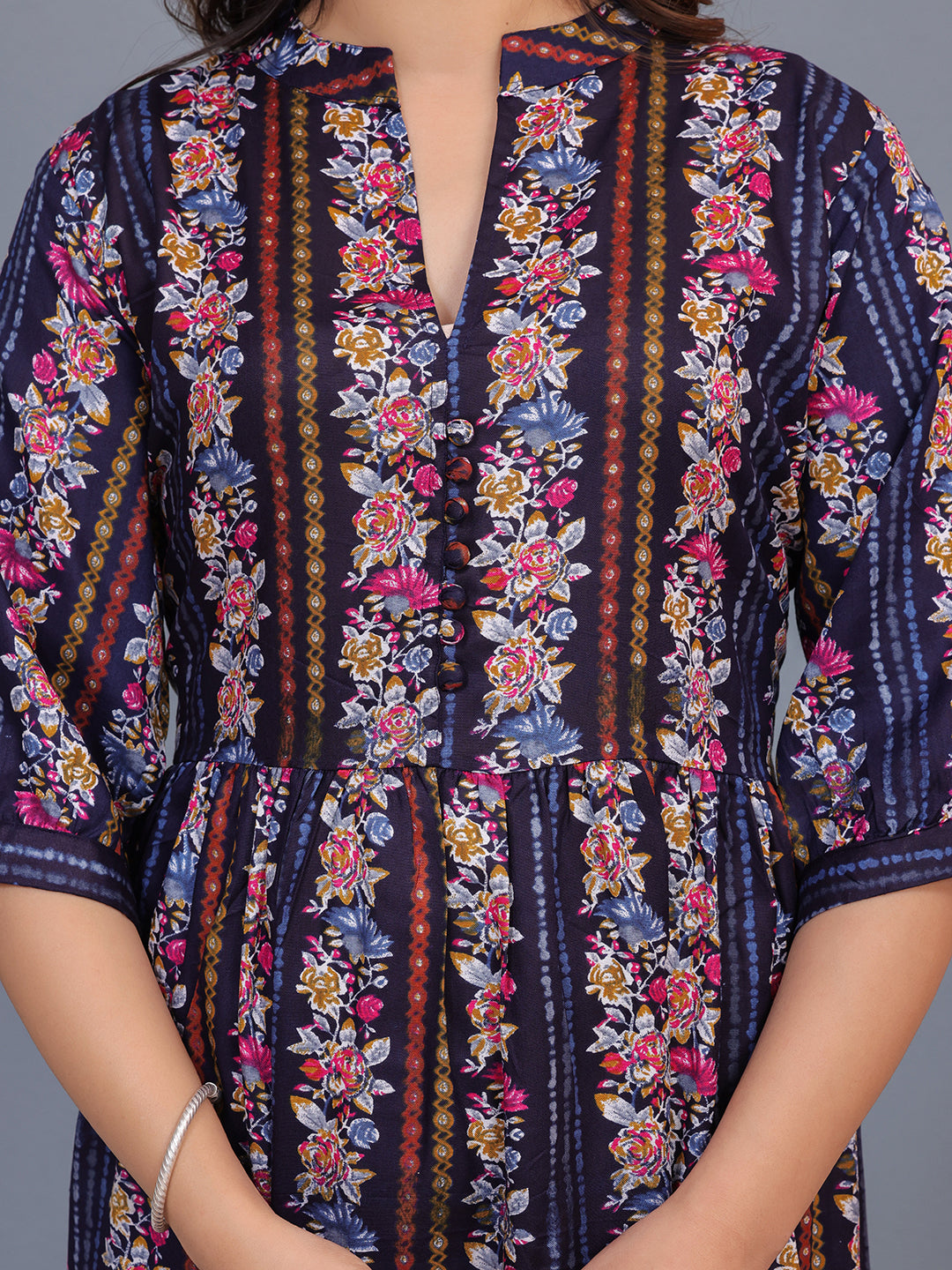 Floral midi dress, navy blue dress, ethnic long dress, cotton dress, A-line printed dress, women’s casual dress