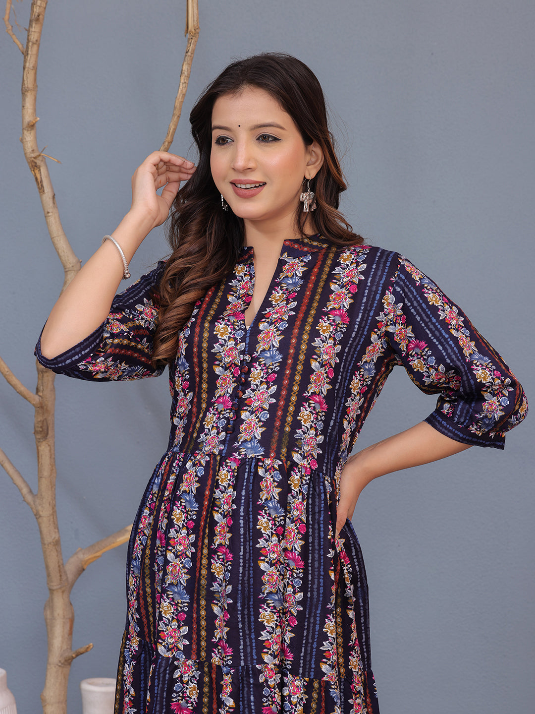 Mitrika Midnight Blue Floral stripes Viscose Rayon Fit & Flare Midi Dress