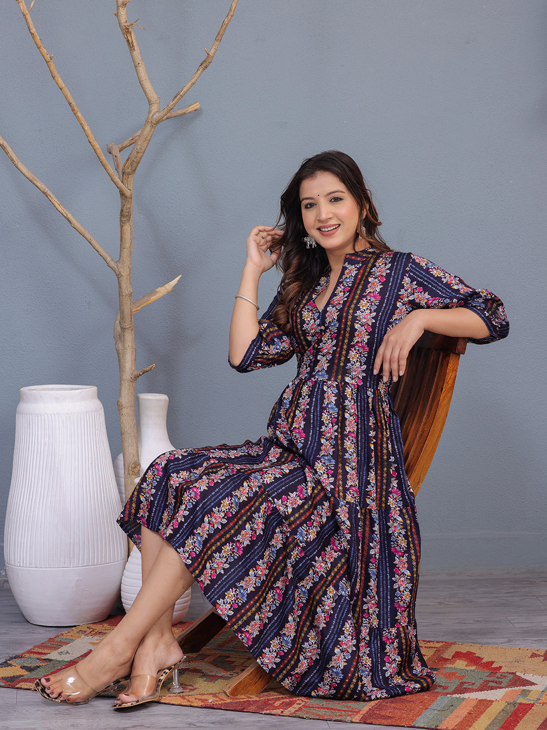 viscose rayon midi dress, floral striped dress for women, navy blue fit and flare dress, casual wear midi dress, 3/4 sleeve printed dress, women's ethnic floral dress, everyday wear rayon dress, keyhole neck midi dress, breathable summer dress, stylish midi dress online > Mitrika