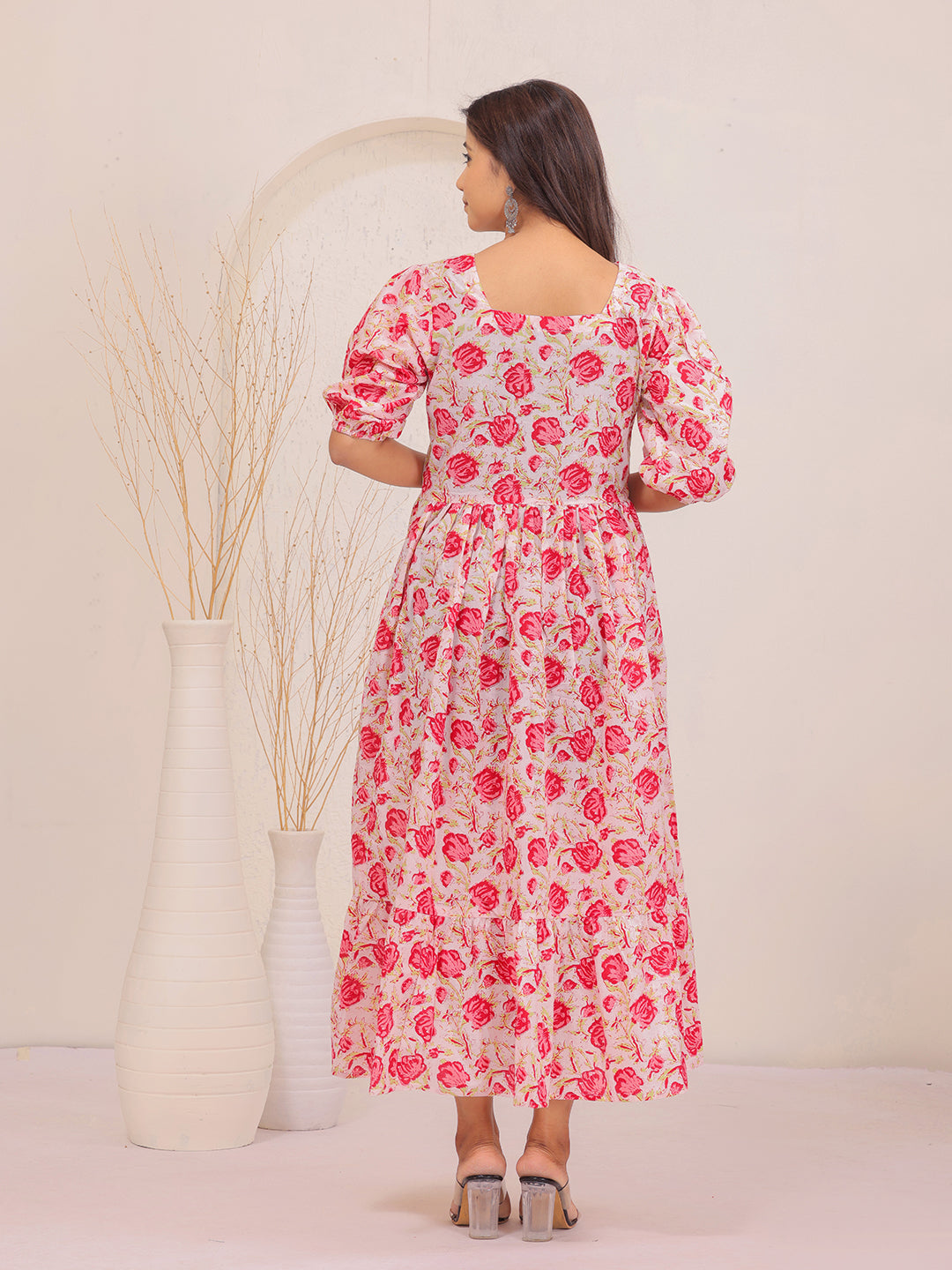 Elegant women’s pink floral flare dress