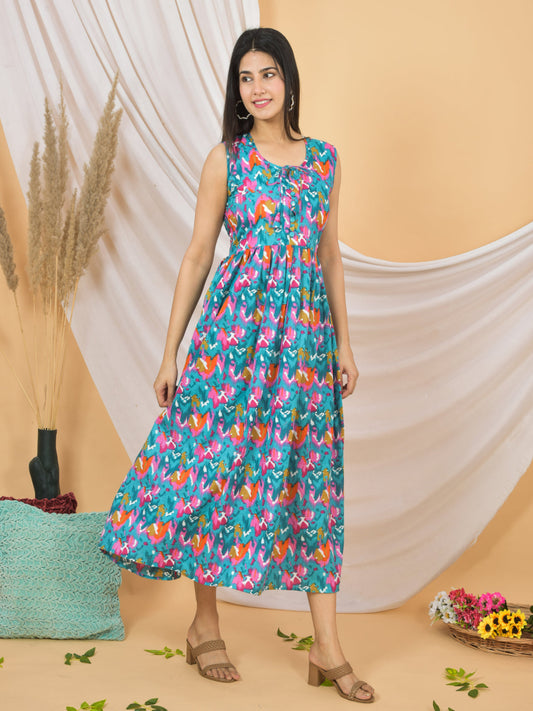 Woman wearing a colorful floral dress against a beige background