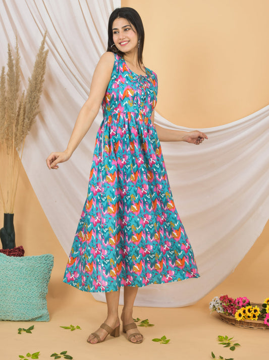 Woman wearing a colorful floral dress against a beige background