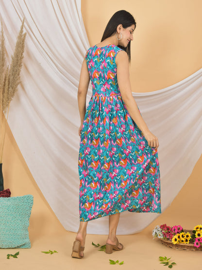 Woman wearing a colorful floral dress against a beige background