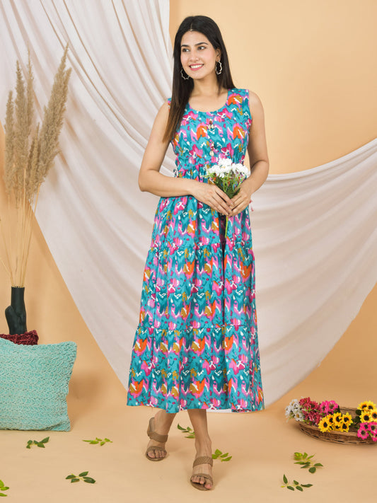 Woman wearing a colorful floral dress holding flowers against a beige background