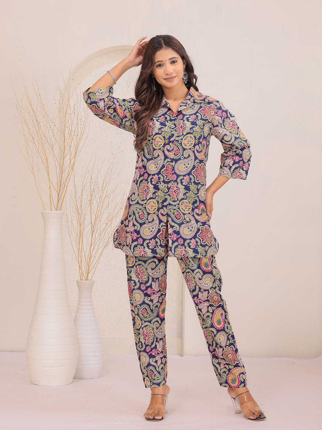 Multicolor Paisley Floral Printed Cotton Shirt Collar Co-Ord Set for Women