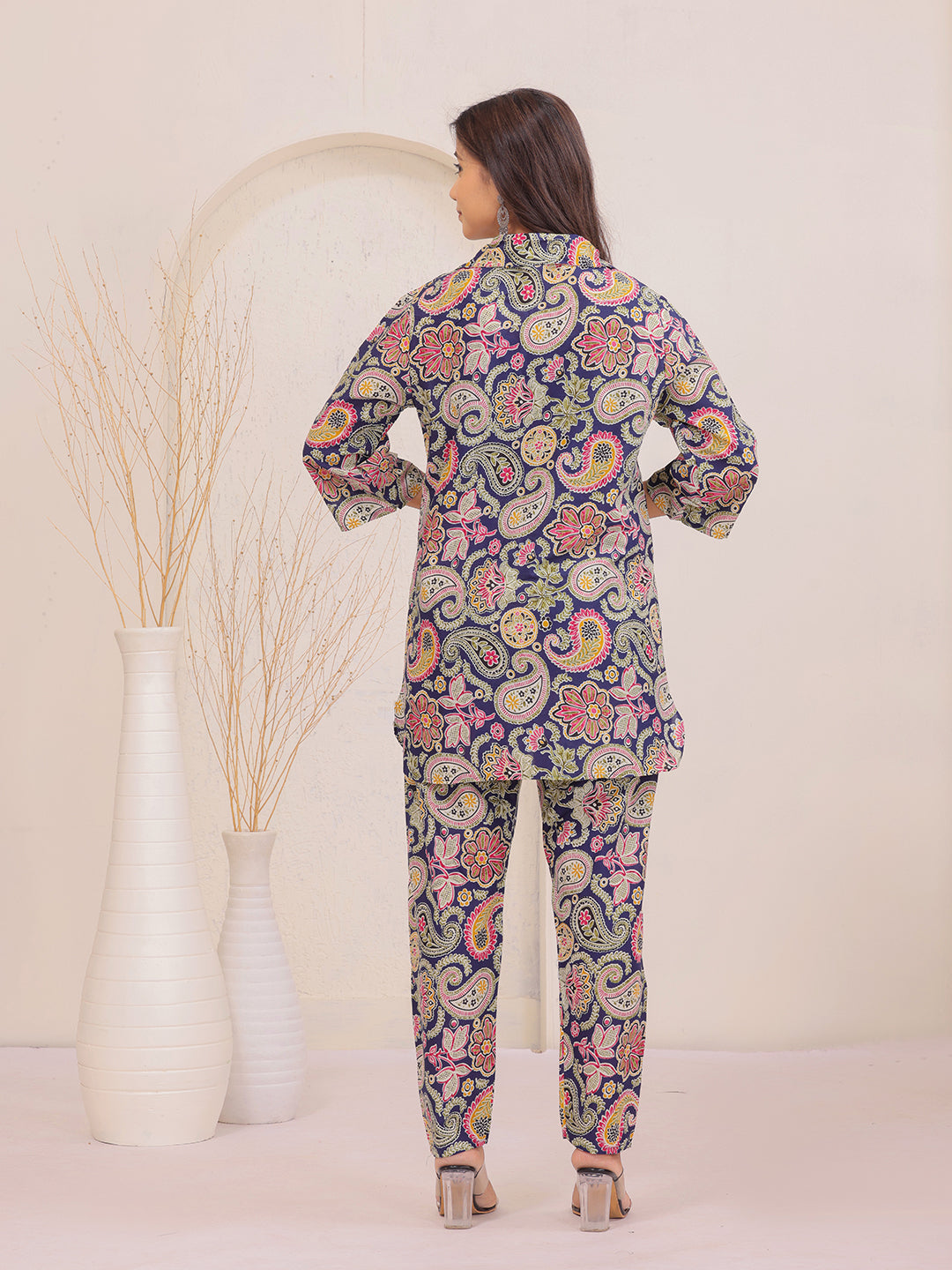 Multicolor Paisley Floral Printed Cotton Shirt Collar Co-Ord Set for Women