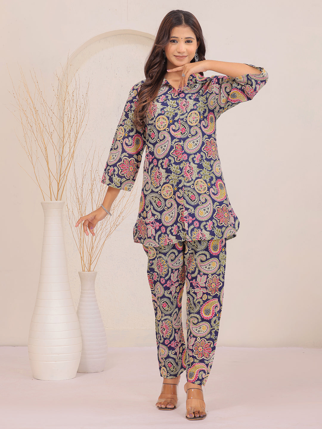 Multicolor Paisley Floral Printed Cotton Shirt Collar Co-Ord Set for Women