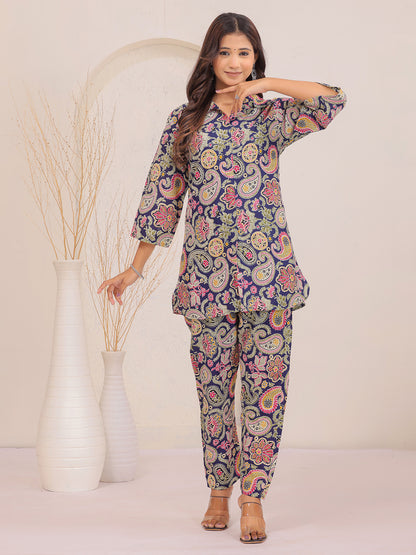 Multicolor Paisley Floral Printed Cotton Shirt Collar Co-Ord Set for Women
