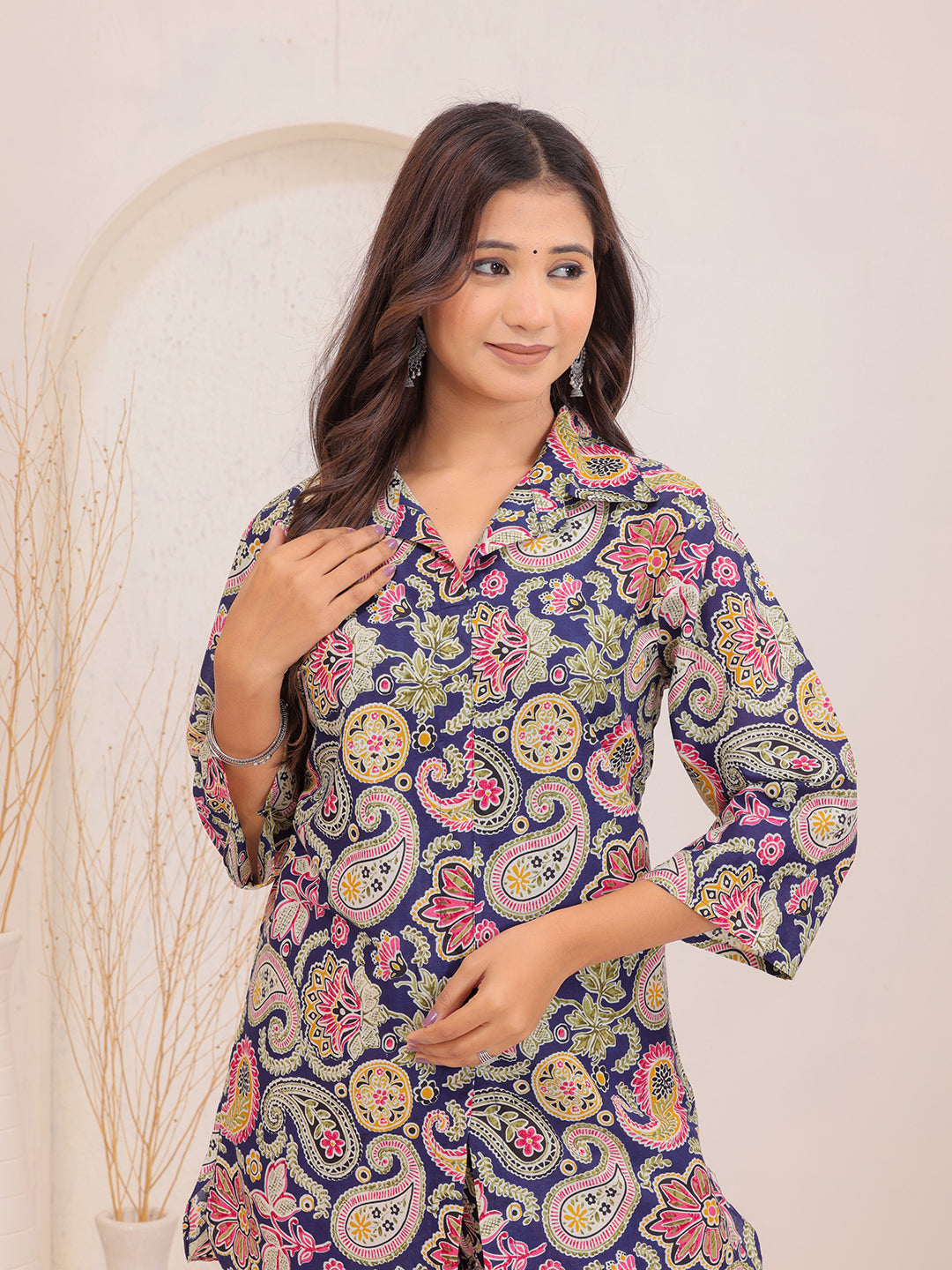 Multicolor Paisley Floral Printed Cotton Shirt Collar Co-Ord Set for Women