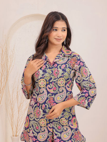 Multicolor Paisley Floral Printed Cotton Shirt Collar Co-Ord Set for Women