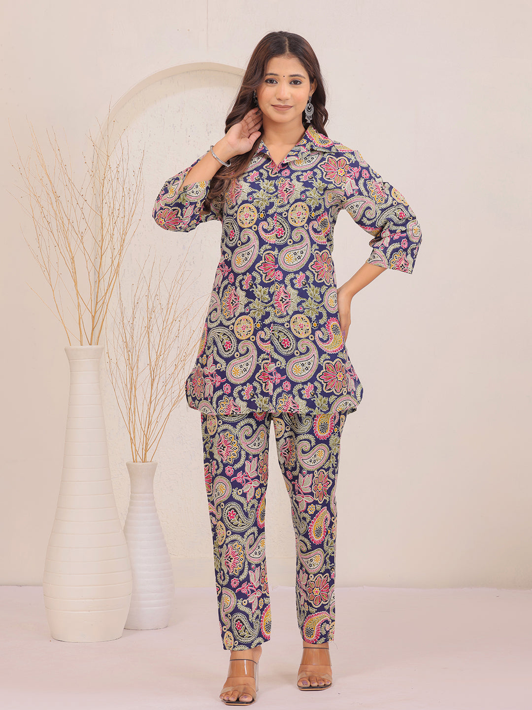 Multicolor Paisley Floral Printed Cotton Shirt Collar Co-Ord Set for Women