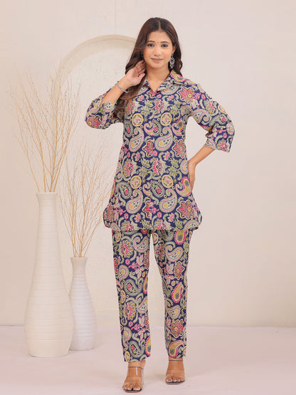 Multicolor Paisley Floral Printed Cotton Shirt Collar Co-Ord Set for Women