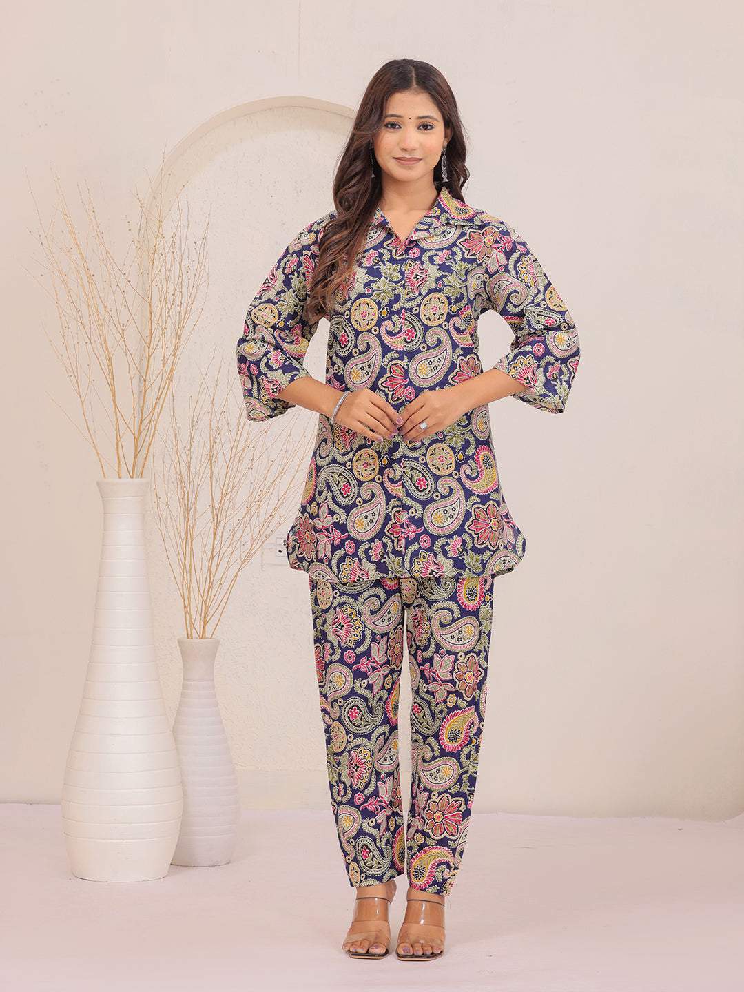 Multicolor Paisley Floral Printed Cotton Shirt Collar Co-Ord Set for Women
