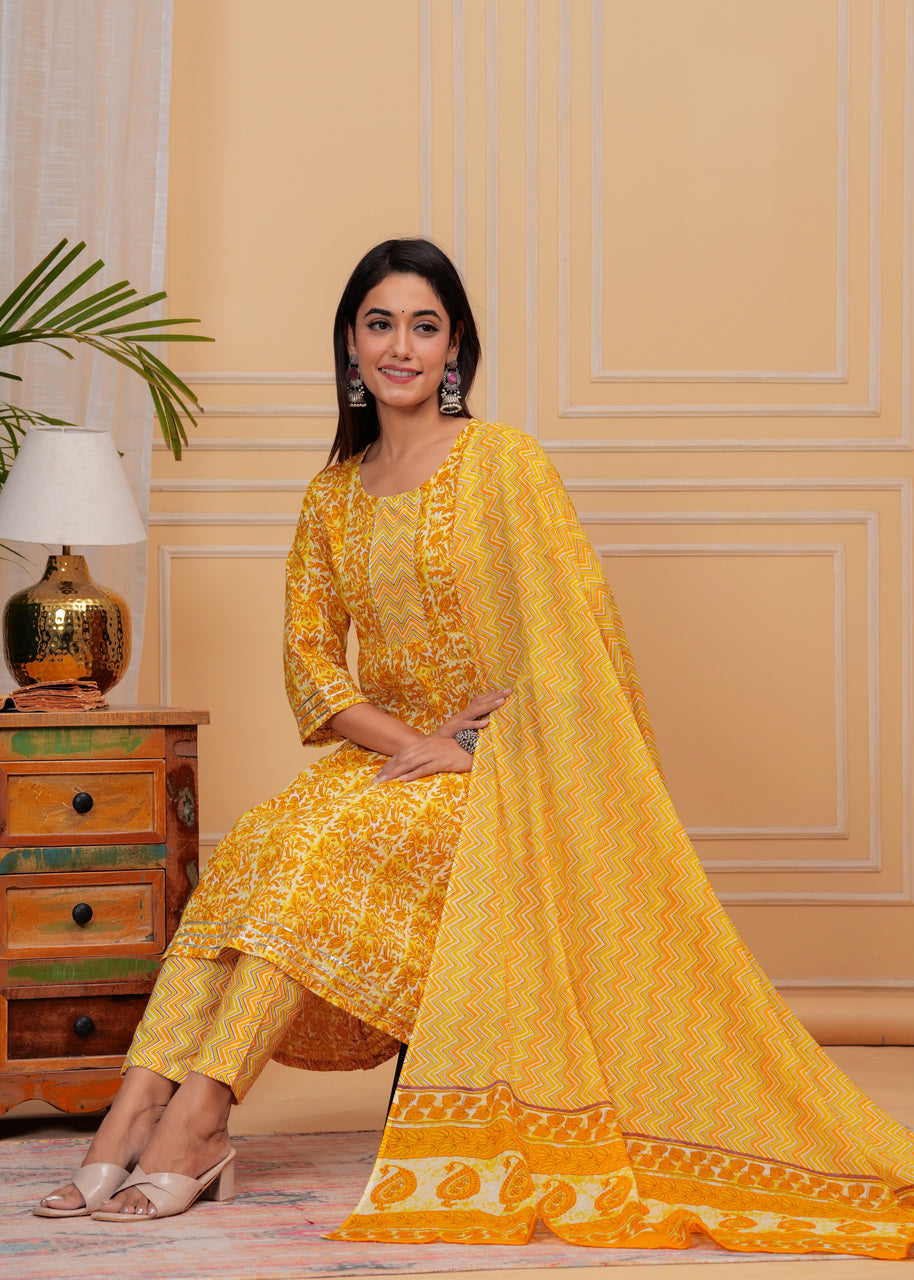 Yellow, Dupatta set, Floral, mitrika, Kurta, Kurti