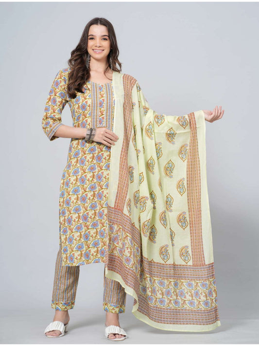 Woman wearing a patterned dress with a matching dupatta on a gray background > Mitrika