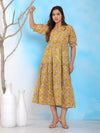 Mitrika Mustard Yellow Floral Printed Tiered Midi Dress with Puff Sleeves