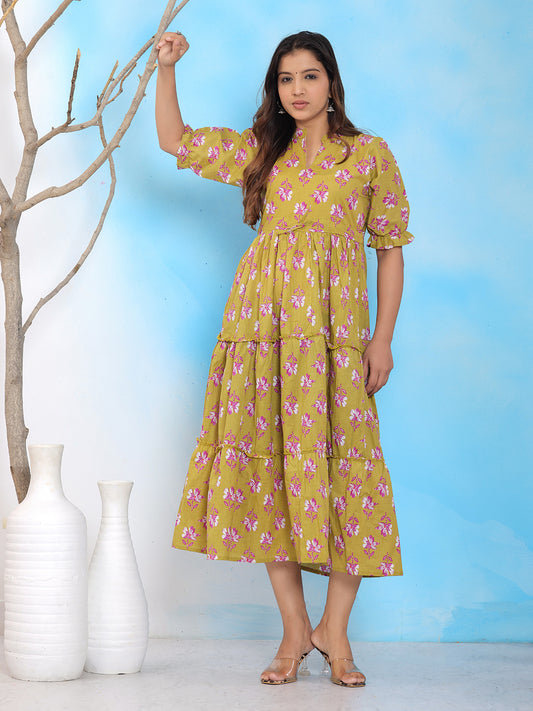 Mustard yellow floral midi dress, tiered puff sleeve dress, cotton floral dress, summer midi dress, casual floral outfit, women's yellow printed dress. > Mitrika