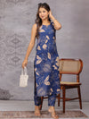 Navy Blue Floral Printed Sleeveless Cotton straight Kurta Pant Set