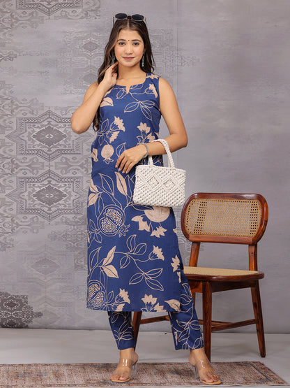 Navy blue kurta pant set, floral print kurta set, women sleeveless kurta set, trending kurta set, stylish kurta pant set, round neck kurta pant set, straight kurta for women, blue kurta set, 2 pcs set for women >Mitrika