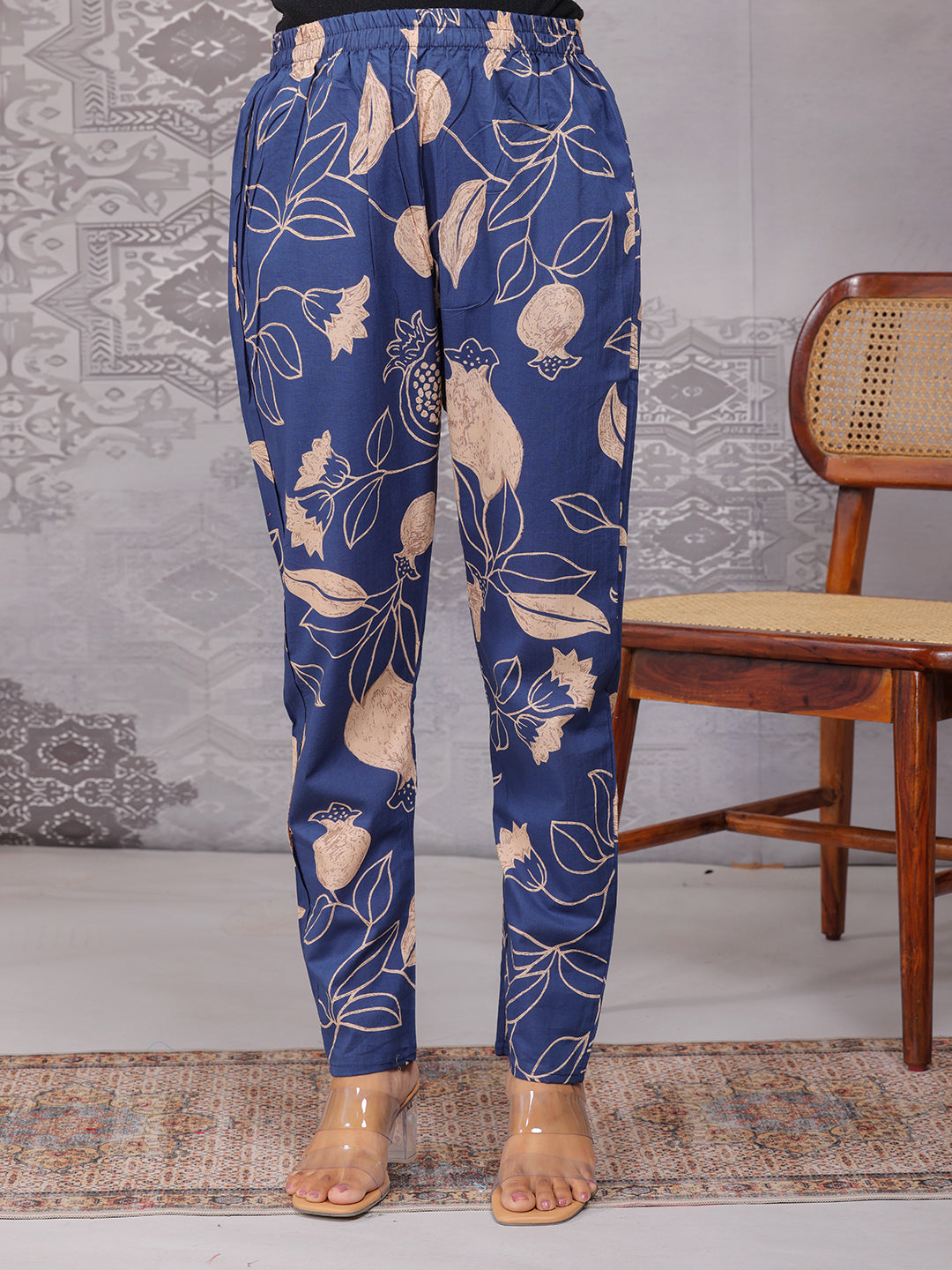 Navy blue pant, blue floral pant, elastic waist band pant, full lenght pant , pure cotton pant, straight fit pant , relaxed fit pant, matching pant for kurta , women pant > Mitrika 
