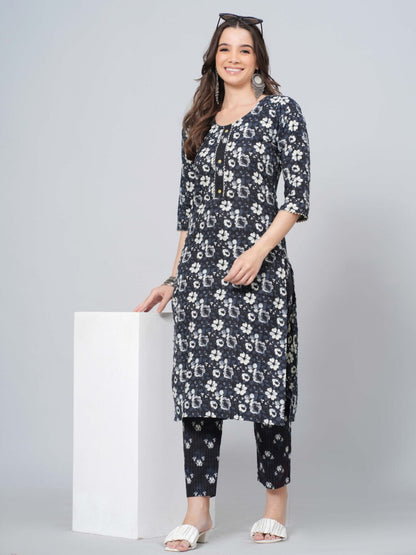 Navy kurta set, floral print straight kurta, cotton ethnic suit set, women’s casual kurta set, stylish straight kurta pant set > Mitrika