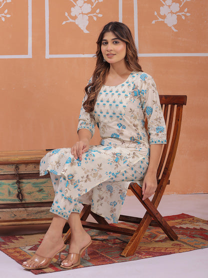 Mitrika off-white floral printed cotton kurta pant set