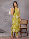 Olive Green Floral Printed Sleeveless Cotton straight Kurta Pant Set