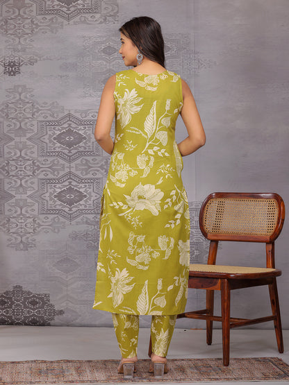 Olive kurta set for women, stylish kurta set, floral print kurta set for women. all over floral print kurta set for women, calf lenght kurta set, round neck kurta set for women , 2 pcs kurta set for women , trending kurta set for women> Mitrika