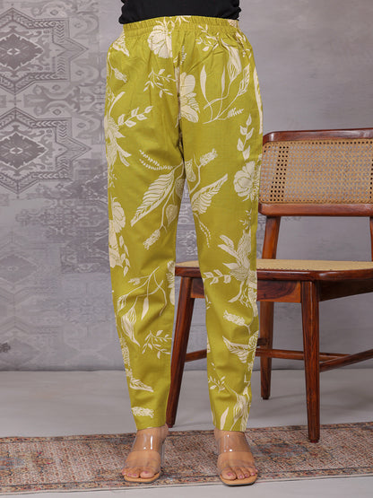 Green floral print pant , full lenght pant , elasticate waist band , Olive green pant , matching pant > Mitrika 