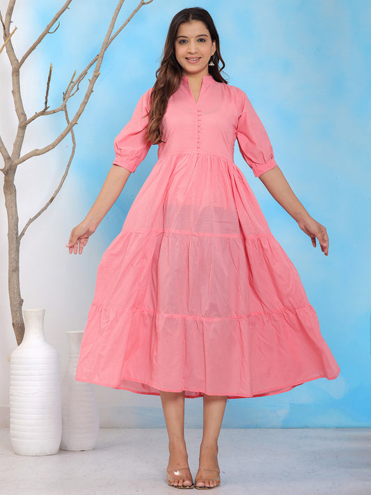 Peach cotton midi dress, tiered A-line dress, fit and flare midi dress, puff sleeve dress, casual summer dress, brunch outfit, women's cotton dress. > Mitrika