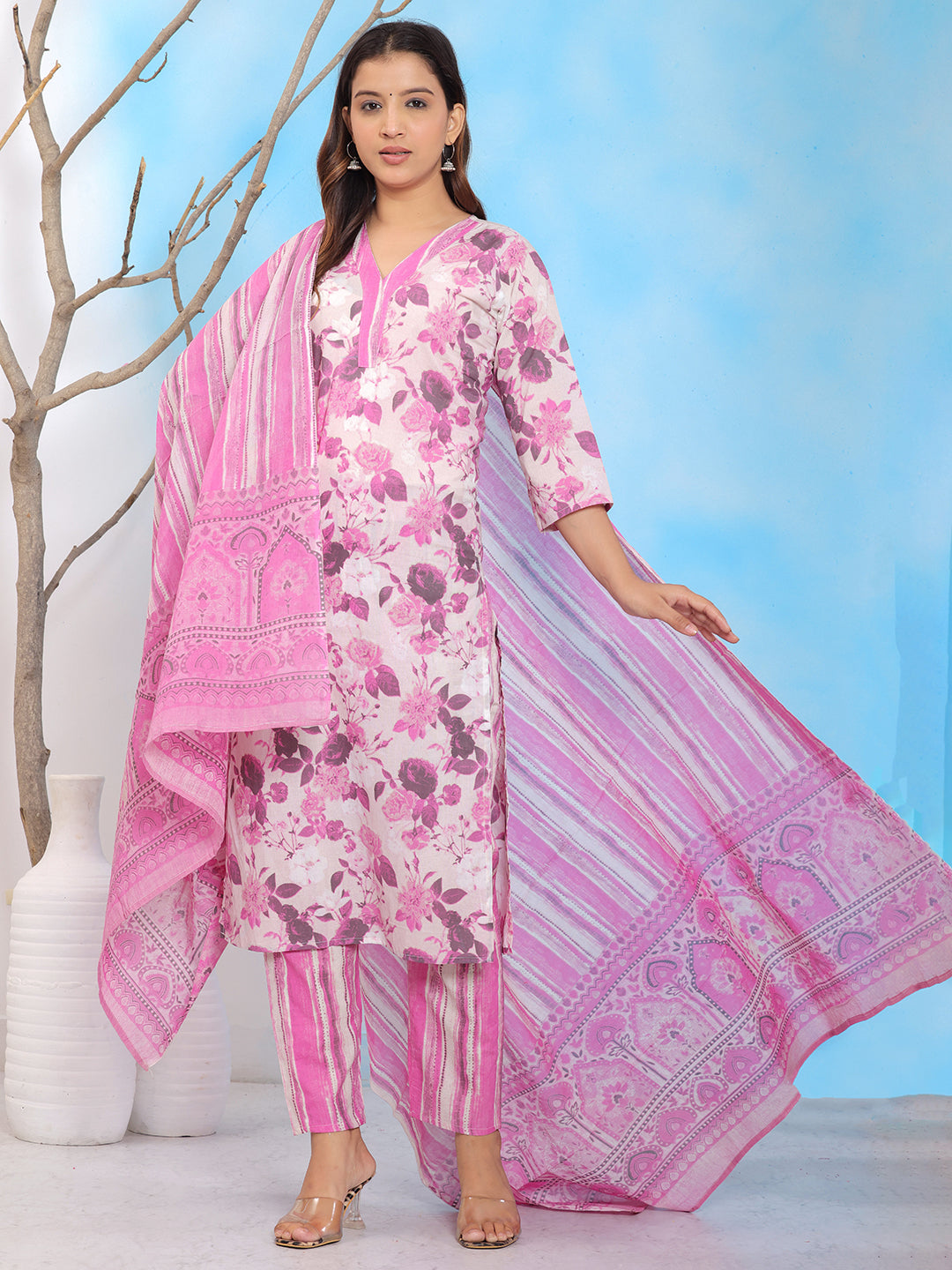 pink floral cotton kurta set, kurta with dupatta, ethnic wear for women, casual cotton kurta set, festive kurta set, floral printed kurta set, summer ethnic outfit. > Mitrika