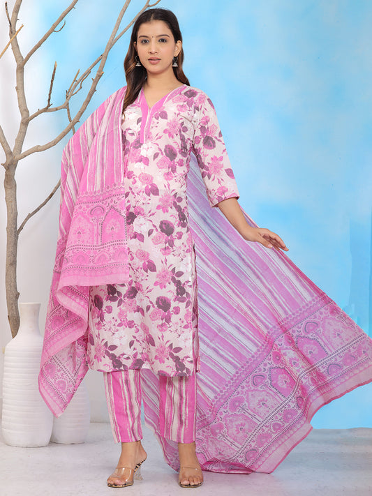 pink floral cotton kurta set, kurta with dupatta, ethnic wear for women, casual cotton kurta set, festive kurta set, floral printed kurta set, summer ethnic outfit. > Mitrika