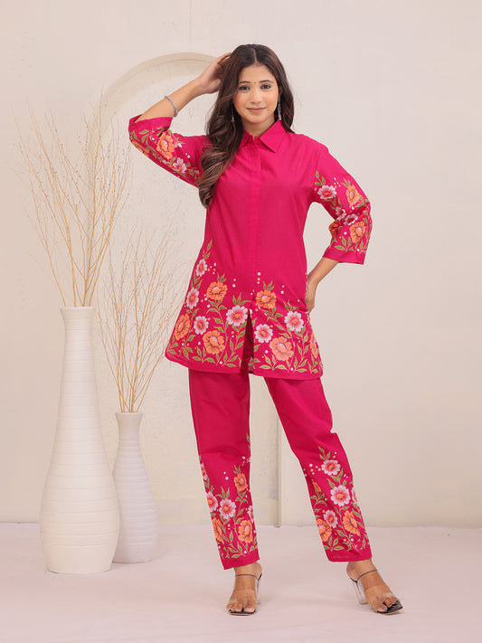 Pink Floral print co-ord set, shirt type co-ord set, trending co-ord set, pink coord set, collor  coord set, matching pant co-ords set, front slit cut coords set > Mitrika